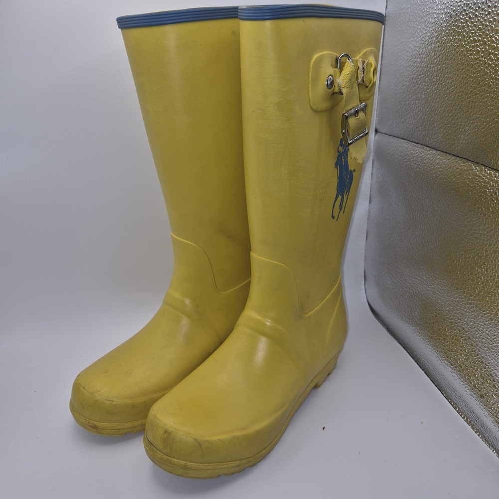 Polo Ralph Lauren Yellow Rain Boots Kids Blue Pony Rubber Buckle Boots Youth